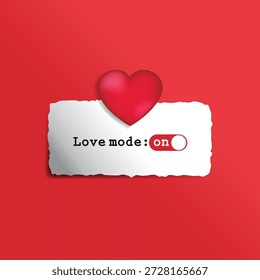 Unique Valentine's Day concept featuring a love mode toggle switch and a 3D heart on a ripped paper scrap.