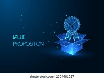 Unique value proposition, competitive advantage concept with open box and excellence award badge in futuristic glowing polygonal style on blue background. Modern abstract design vector illustration.