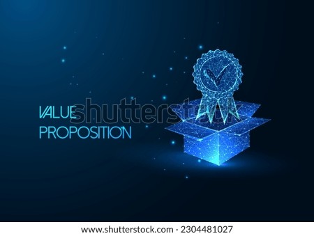 Unique value proposition, competitive advantage concept with open box and excellence award badge in futuristic glowing polygonal style on blue background. Modern abstract design vector illustration.