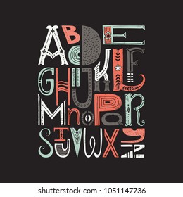 Unique vector alphabet drawn by hand. Vector letters isolated and easy to use. Latin ABC. Unique poster design or educational centre, notebook cover or postcard.