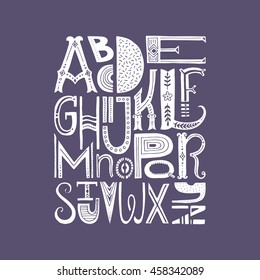 Unique vector alphabet drawn by hand. Vector letters isolated and easy to use. Latin ABC. Unique poster design or educational centre, notebook cover or postcard.