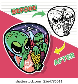 Unique vector art of a confused alien examining a pineapple, with a laughing alien friend in the background. A fun outer space scene for both kids and adults coloring books.