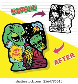 Unique vector art of a confused alien examining a pineapple, with a laughing alien friend in the background. A fun outer space scene for both kids and adults coloring books.