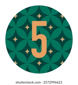 Unique vector artwork presenting the number 5 on a green floral circular pattern with star-shaped accents. Great for decorative prints, packaging, or creative design assets.