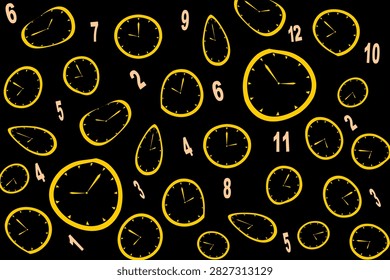 Unique vector background featuring a collection of clocks with melting, distorted shapes in a surreal style. Bright golden-yellow clock outlines, numerals, and hands artistically scattered across a solid black backdrop. Includes perfectly round clocks and stretched, flowing shapes that evoke the concept of time flowing and warping. Fully scalable vector artwork with crisp lines, easy to resize, recolor, or adapt. Ideal for time-themed designs, surreal art projects, posters, book covers, presentation backgrounds, decorative prints, and any creative work seeking a unique, philosophical, and visually striking aesthetic.