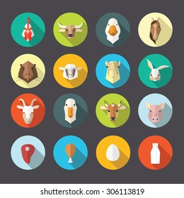 Unique vector collection of colorful flat farm animals icons with long shadow. Design elements for mobile and web applications