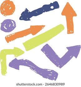 Unique vector collection of rustic-style arrows featuring distressed textures and handcrafted details, presented in vibrant neon green and purple colors. Combines folk-inspired design with bold modern