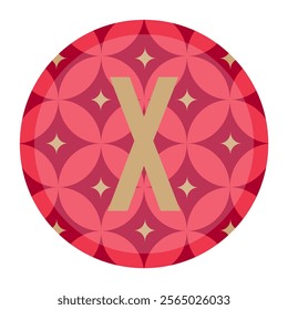 Unique vector composition of the letter ‘X’ in gold, displayed on a red floral geometric background. Excellent for modern branding, art prints, and decorative digital projects