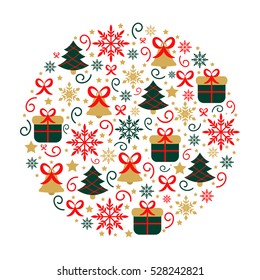 Unique vector concept with Christmas symbols. Design element for greeting card in vector. Christmas and new year decoration round with bell, tree, snowflake and gift isolated on white background