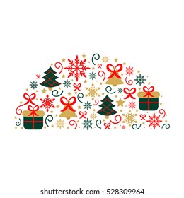 Unique vector concept with Christmas symbols. Design element for greeting card in vector. New year decoration semicircle with bell, tree, snowflake and gift isolated on white background