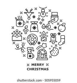 Unique vector concept with different Christmas and new year celebration elements.  Clean and easy to edit in line style vector for t-shirts, banners, flyers and other types of business design.