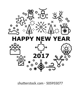 Unique vector concept with different Christmas and new year celebration elements.  Clean and easy to edit in line style vector for t-shirts, banners, flyers and other types of business design.