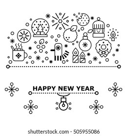 Unique vector concept with different Christmas and new year celebration elements.  Clean and easy to edit in line style vector for t-shirts, banners, flyers and other types of business design.