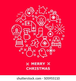 Unique vector concept with different Christmas and new year celebration elements.  Clean and easy to edit in line style vector for t-shirts, banners, flyers and other types of business design.