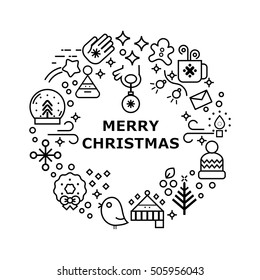 Unique vector concept with different Christmas and new year celebration elements.  Clean and easy to edit in line style vector for t-shirts, banners and other types of business design.