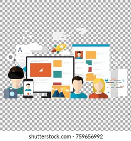 Unique vector concept with different digital marketing elements on transparent background. Clean and easy to edit. Unique illustration for t-shirts, banners, flyers and other types of business design.