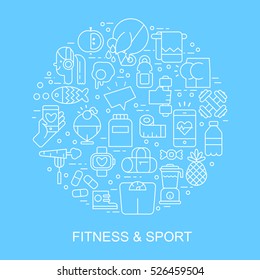 Unique Vector design for advertising, banner or poster with different sport and fitness, food elements. Thin line flat design, isolated vector.