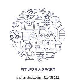 Unique Vector design for advertising, banner or poster with different sport and fitness, food elements. Thin line flat design, isolated vector.