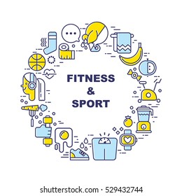 Unique Vector design for advertising, banner or poster with different sport and fitness, food elements. Thin line flat design, isolated vector