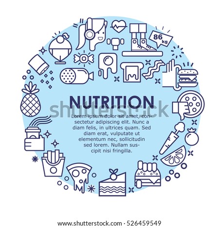 Unique Vector design for advertising, banner or poster with different sport and fitness, food elements. Thin line flat design, isolated vector.