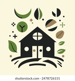 A unique vector design that combines house, coffee and leaves to create a warm and eco-friendly atmosphere.