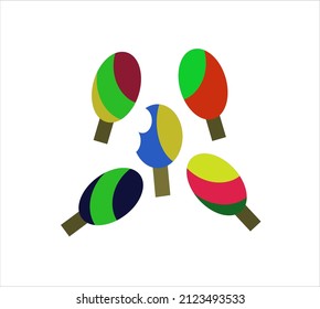 Unique vector, five colorful ice cream image designs, like drum beaters, on a white background.