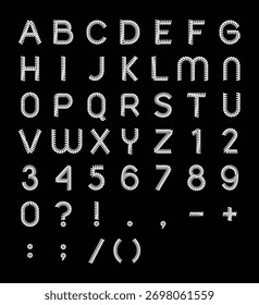 Conjunto exclusivo de fontes vetoriais com uma espiral branca ou textura de mola para todas as letras maiúsculas, números e pontuação em um plano de fundo preto. Design moderno atraente.