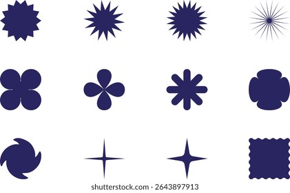 Unique vector geometric shapes set featuring starbursts, petals, asterisks, swirls waves for logos, icons, web, and creative design elements.