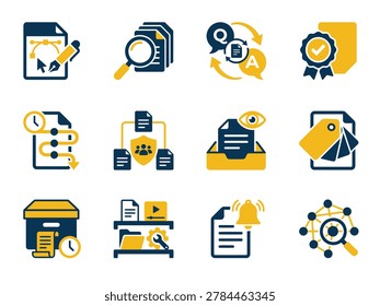 Unique vector icons for internal knowledge base management, team wiki systems, article approval, search, version history, FAQ updates, and documentation workflows.