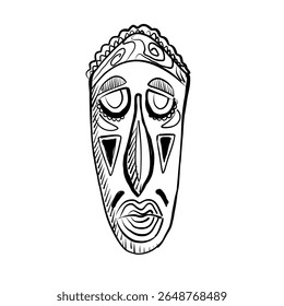 Ilustração vetorial única de uma máscara tribal abstrata com desenhos intrincados e características expressivas.
