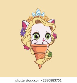 Unique vector illustration of an adorable cat's head on top of ice cream Suitable for making stickers, room wall decorations, children's book covers, etc.