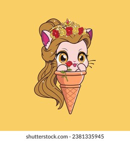 Unique vector illustration of an adorable cat's head on top of ice cream Suitable for making stickers, room wall decorations, children's book covers, etc.