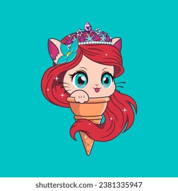 Unique vector illustration of an adorable cat's head on top of ice cream Suitable for making stickers, room wall decorations, children's book covers, etc.