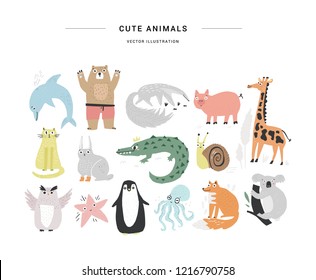 Unique vector illustration with animals. Elements were cut out from actual paper. Collection of scrapbooking elements for nursery or kids room poster.