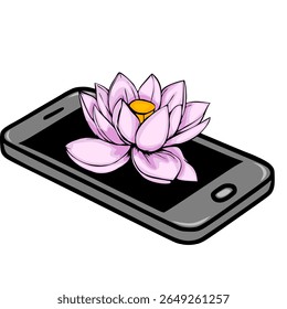 Uma ilustração vetorial única de uma delicada flor de lótus rosa graciosamente posicionada em uma elegante tela de smartphone, simbolizando a beleza serena da natureza integrada com a tecnologia moderna.