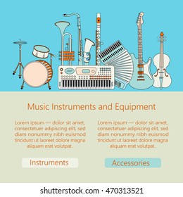 Unique vector illustration with different music instruments: synthesizer, drums, accordion, violin, trumpet, harp, drum, saxophone, electric, guitar, flute. Music web or mobile template.