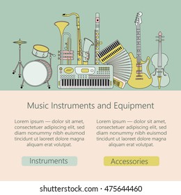 Unique vector illustration with different music instruments: synthesizer, drums, accordion, violin, trumpet, harp, drum, saxophone, electric, guitar, flute. Music web or mobile template.