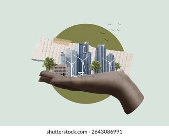 A unique Vector illustration highlighting sustainable urban development with skyscrapers and green elements in hand.
