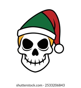 A unique vector illustration of a human skull wearing a Santa Claus hat, blending festive cheer with a spooky twist