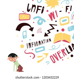 Unique vector illustration. Information overload theme. Doodle style.