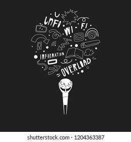 Unique vector illustration. Information overload theme. Doodle style.