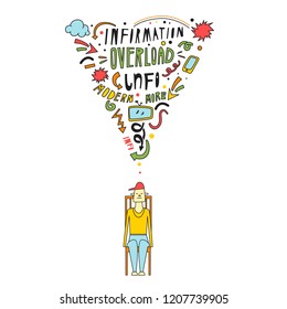 Unique vector illustration. Information overload theme. Doodle style.