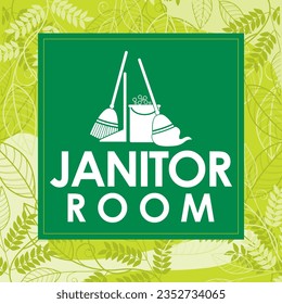 unique vector illustration of janitor room signage. Icon including broom,mop,dustpan,bucket with detergent foam.good for logo,door sign at office,hotel,villa,restaurant,school,pre-school,spa,home,mall