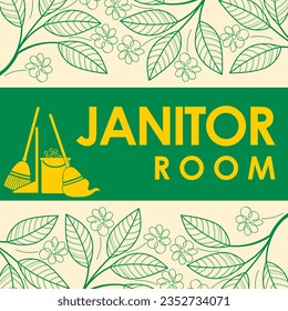 unique vector illustration of janitor room signage. Icon including broom,mop,dustpan,bucket with detergent foam.good for logo,door sign at office,hotel,villa,restaurant,school,pre-school,spa,home,mall
