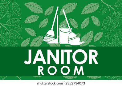 ilustración vectorial única de la señalización de la habitación de janitor. Icono que incluye escoba, mop, dustpan, cubo con espuma detergente.bueno para el logotipo, señal de puerta en la oficina, hotel, villa, restaurante, escuela, preescolar, spa, hogar, centro comercial