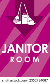 ilustración vectorial única de la señalización de la habitación de janitor. Icono que incluye escoba, mop, dustpan, cubo con espuma detergente.bueno para el logotipo, señal de puerta en la oficina, hotel, villa, restaurante, escuela, preescolar, spa, hogar, centro comercial