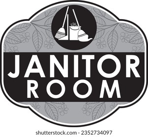 einzigartige Vektorgrafik der Zimmersignatur der Hausmeister. Symbol mit Besen, Mop, Pfanne, Eimer mit Waschmittel-Schaumstoff.gut für Logo, Türschild im Büro, Hotel, Villa, Restaurant, Schule, Vorschule, Spa, Heim, Einkaufsmall