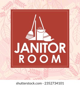 ilustración vectorial única de la señalización de la habitación de janitor. Icono que incluye escoba, mop, dustpan, cubo con espuma detergente.bueno para el logotipo, señal de puerta en la oficina, hotel, villa, restaurante, escuela, preescolar, spa, hogar, centro comercial