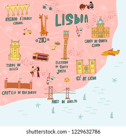 Unique vector illustration of Lisbon map with sights. Doodle style