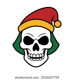 A unique vector illustration of a scary human skull wearing a Santa Claus hat, blending festive cheer with a spooky twist